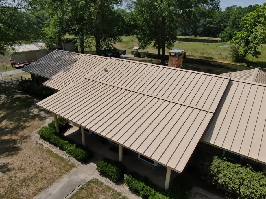 A completed standing seam metal roof replacement