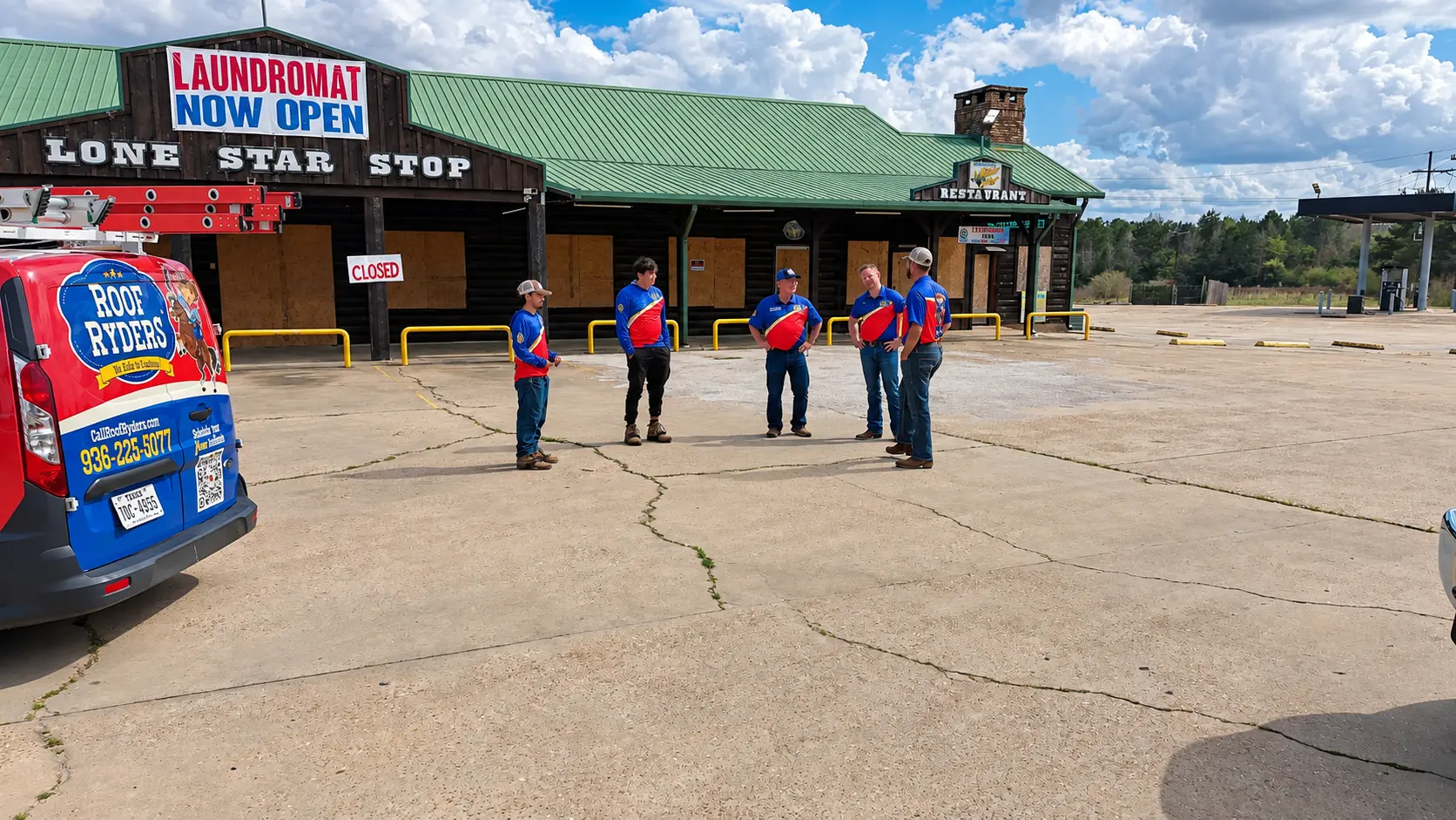 Roof Ryders crew in front of a commercial building with a new green metal roof