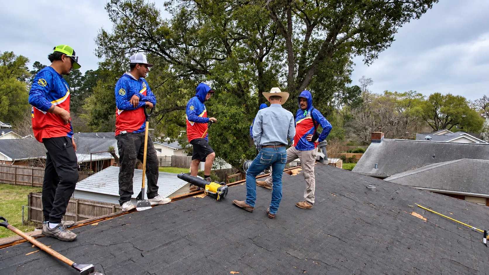 Roof Ryders crew and owner inspecting a shingle roof