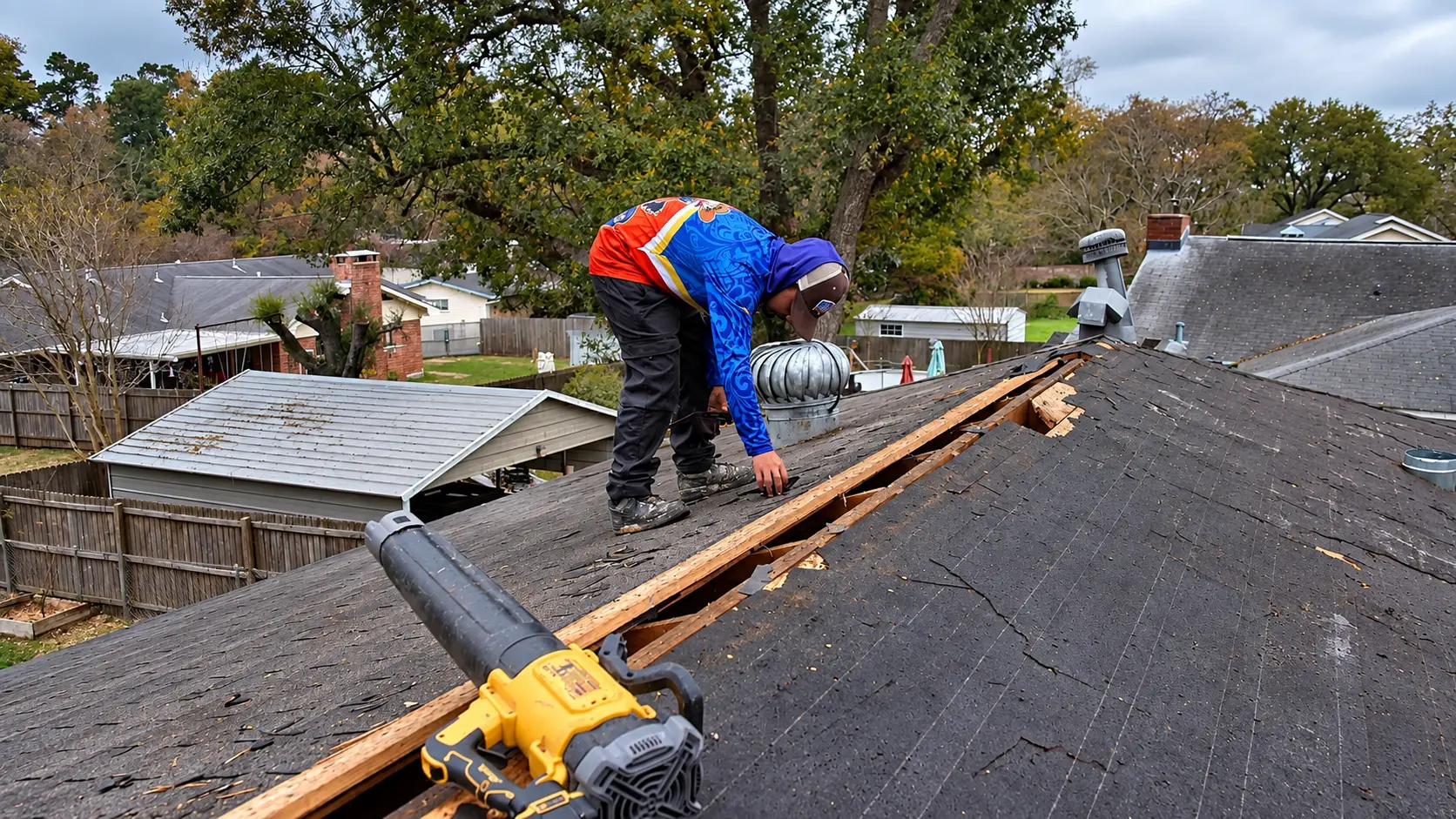 Roofer opening the ridge for a new ridge vent